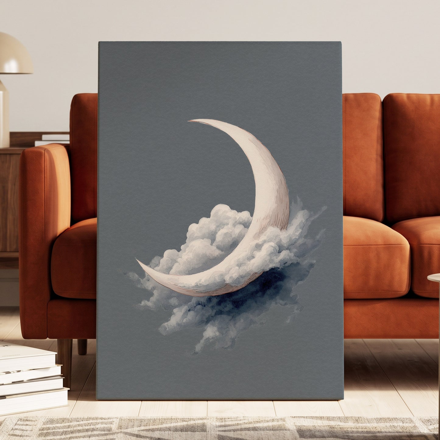 Cloudborne Crescent, gray, white, blue nature wall art displayed in a styled interior, gallery view 7