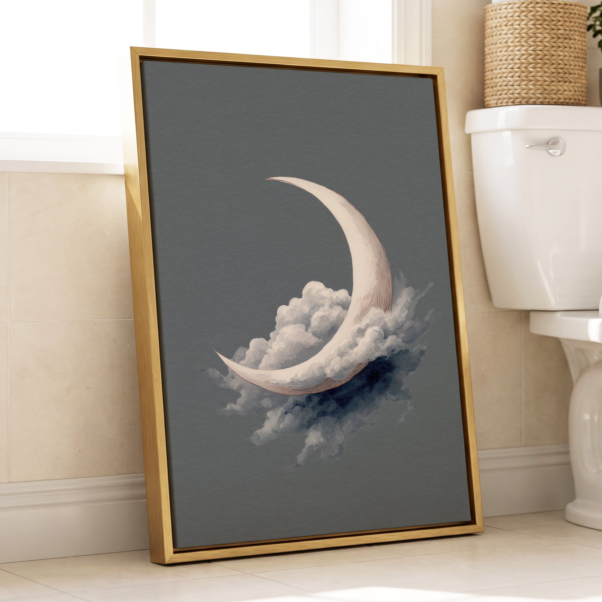 Cloudborne Crescent, gray, white, blue nature wall art displayed in a styled interior, gallery view 8