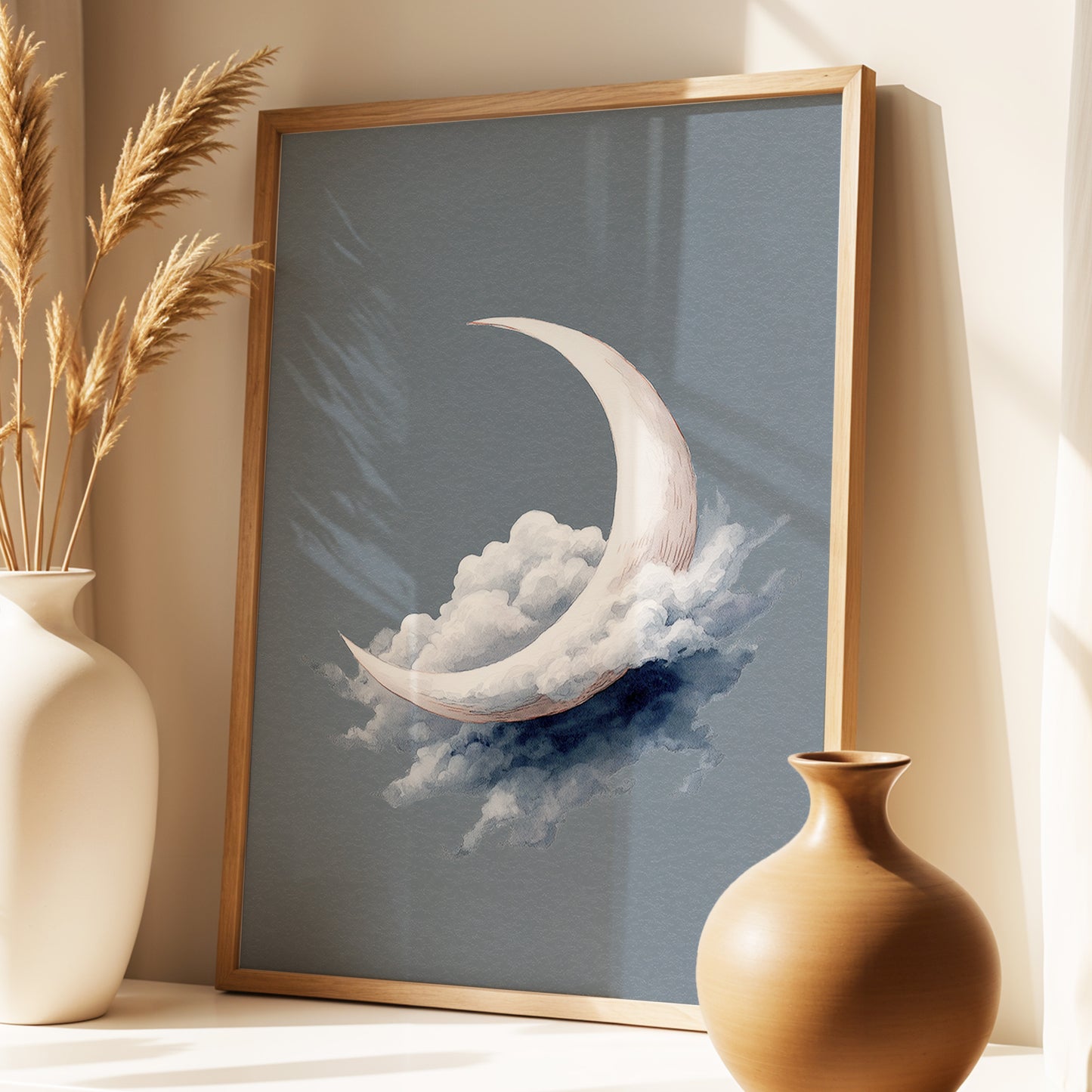 Cloudborne Crescent, gray, white, blue nature wall art displayed in a styled interior, gallery view 9