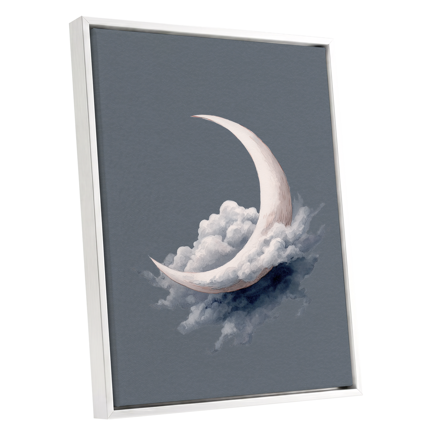 Cloudborne Crescent, gray, white, blue nature wall art shown as a white framed canvas wall art