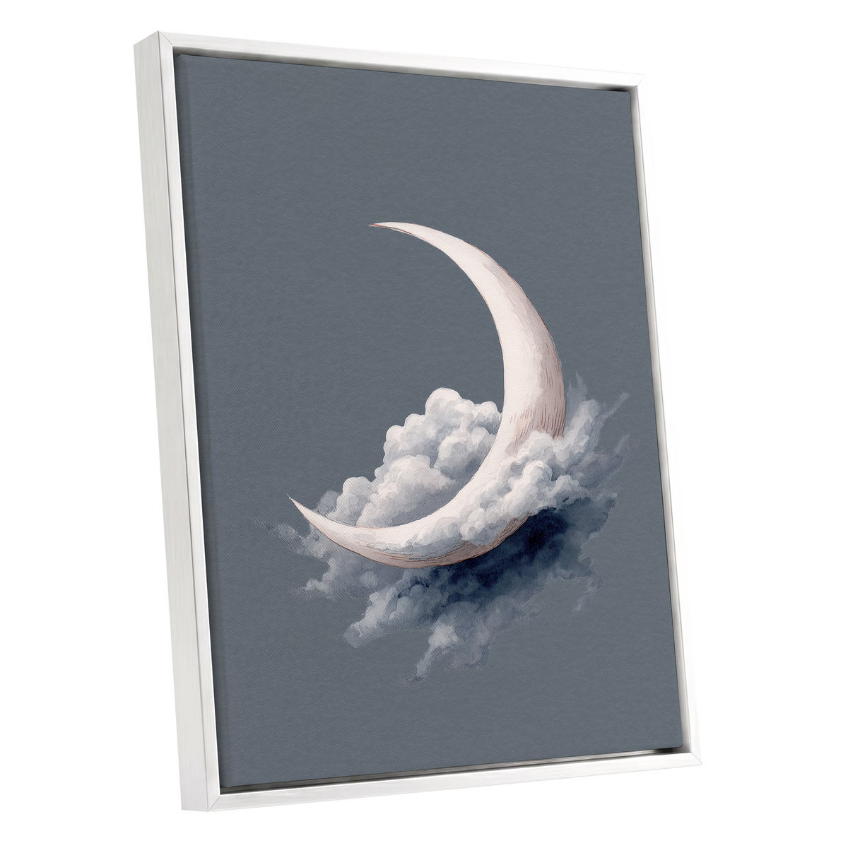 Cloudborne Crescent, gray, white, blue nature wall art shown as a white framed canvas wall art