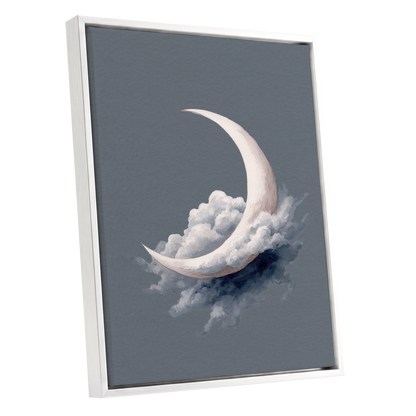 Cloudborne Crescent, gray, white, blue nature wall art shown as a white framed canvas wall art