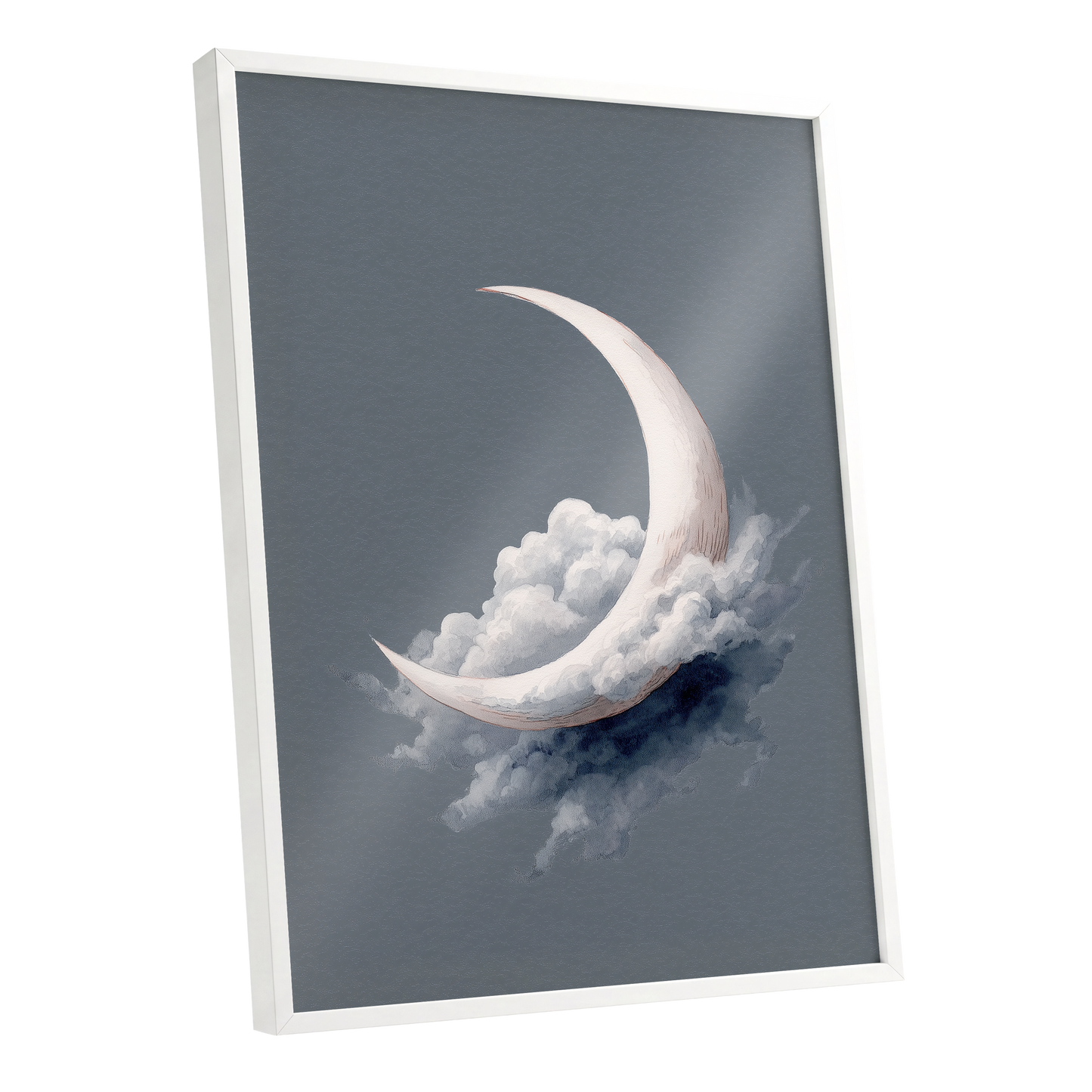 Cloudborne Crescent, gray, white, blue nature wall art shown as a white framed poster wall art print