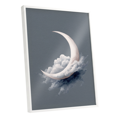 Cloudborne Crescent, gray, white, blue nature wall art shown as a white framed poster wall art print