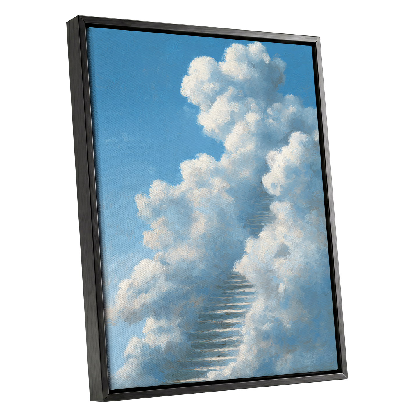 Cloudborne Passage, blue, white, gray nature wall art shown as a black framed canvas wall art