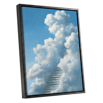 Cloudborne Passage, blue, white, gray nature wall art shown as a black framed canvas wall art