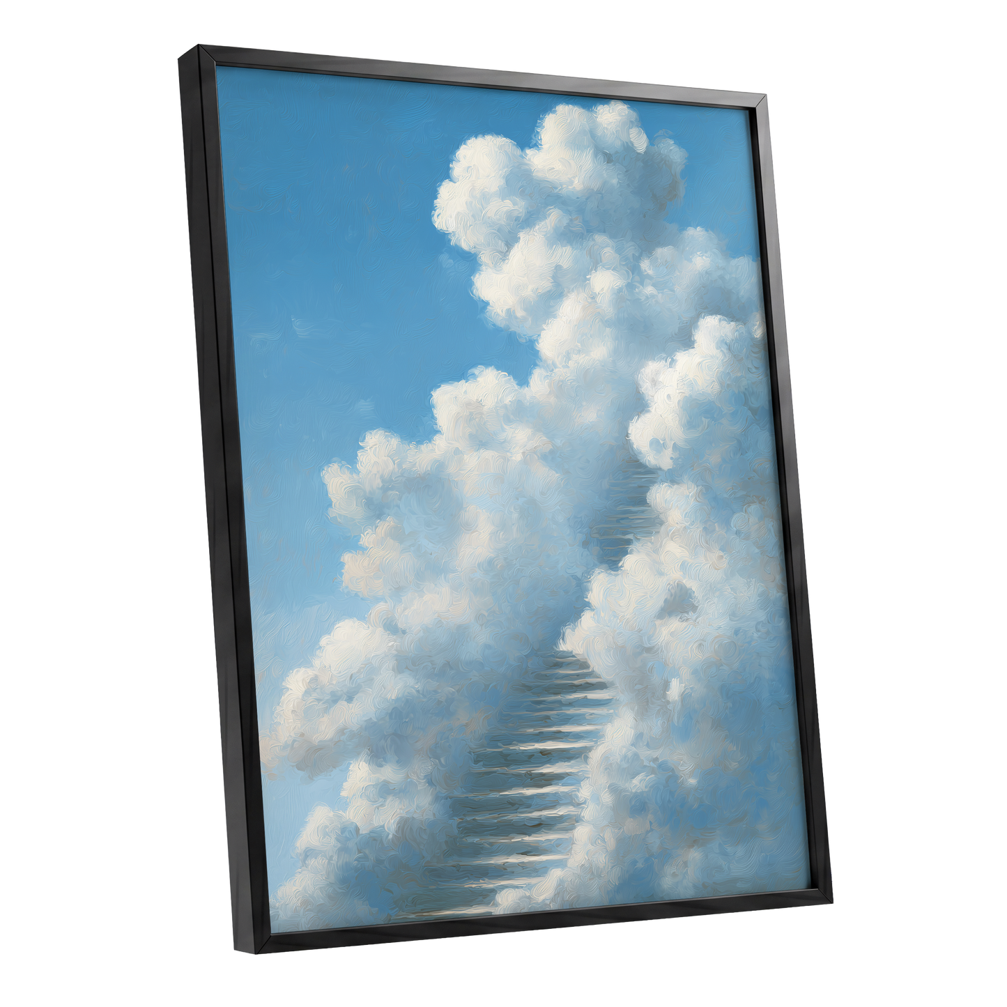 Cloudborne Passage, blue, white, gray nature wall art shown as a black framed poster wall art print