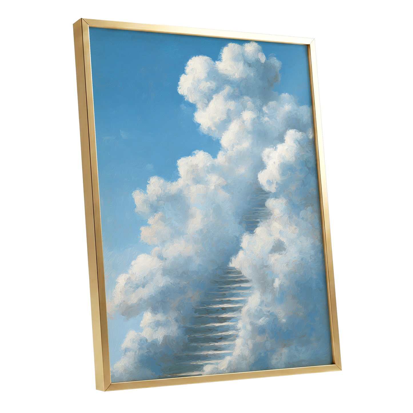 Cloudborne Passage, blue, white, gray nature wall art shown as a gold framed poster wall art print