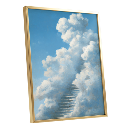 Cloudborne Passage, blue, white, gray nature wall art shown as a gold framed poster wall art print