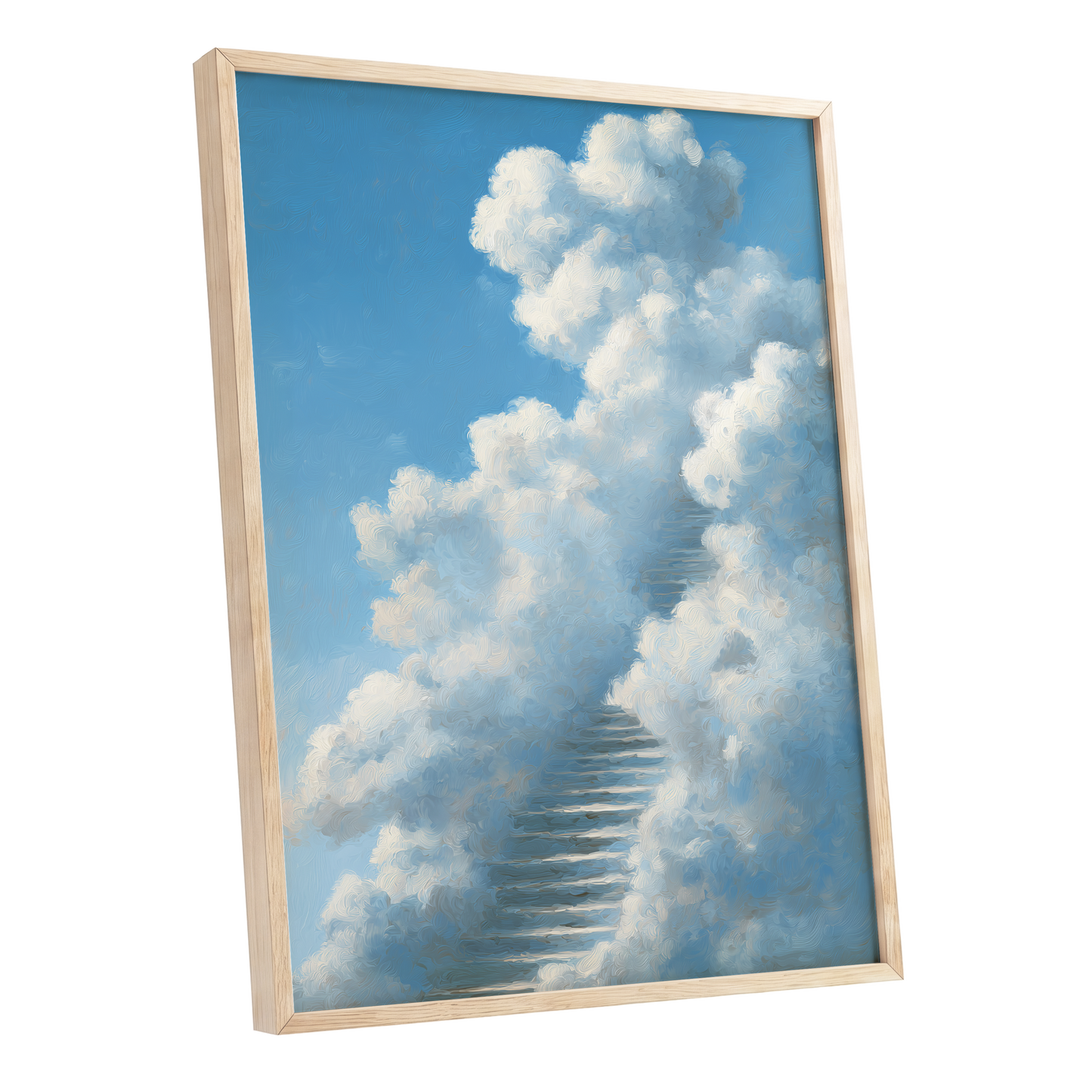 Cloudborne Passage, blue, white, gray nature wall art shown as a oak framed poster wall art print