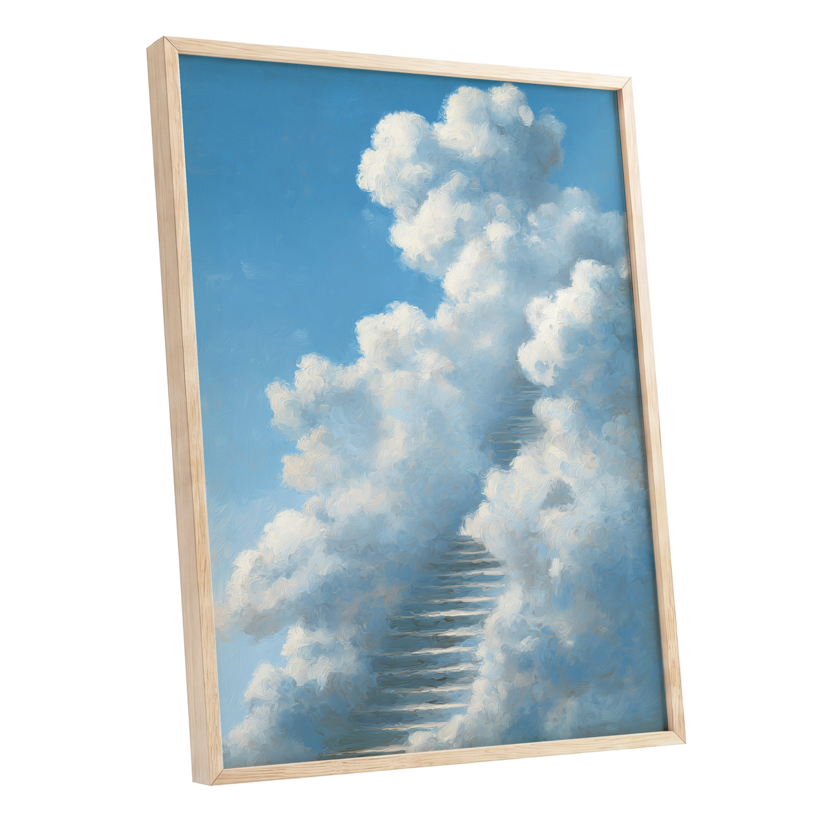 Cloudborne Passage, blue, white, gray nature wall art shown as a oak framed poster wall art print