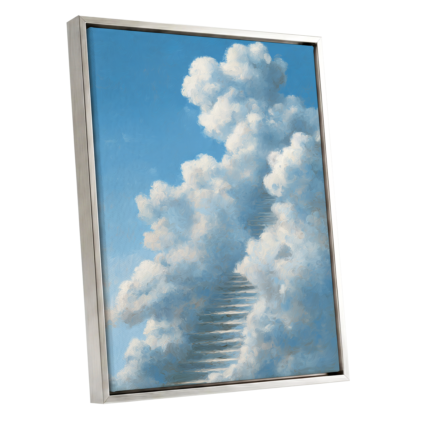 Cloudborne Passage, blue, white, gray nature wall art shown as a silver framed canvas wall art