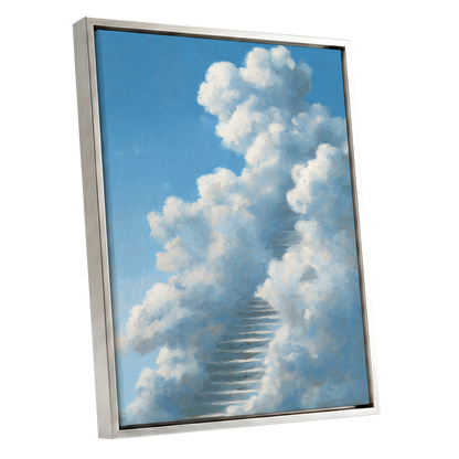 Cloudborne Passage, blue, white, gray nature wall art shown as a silver framed canvas wall art