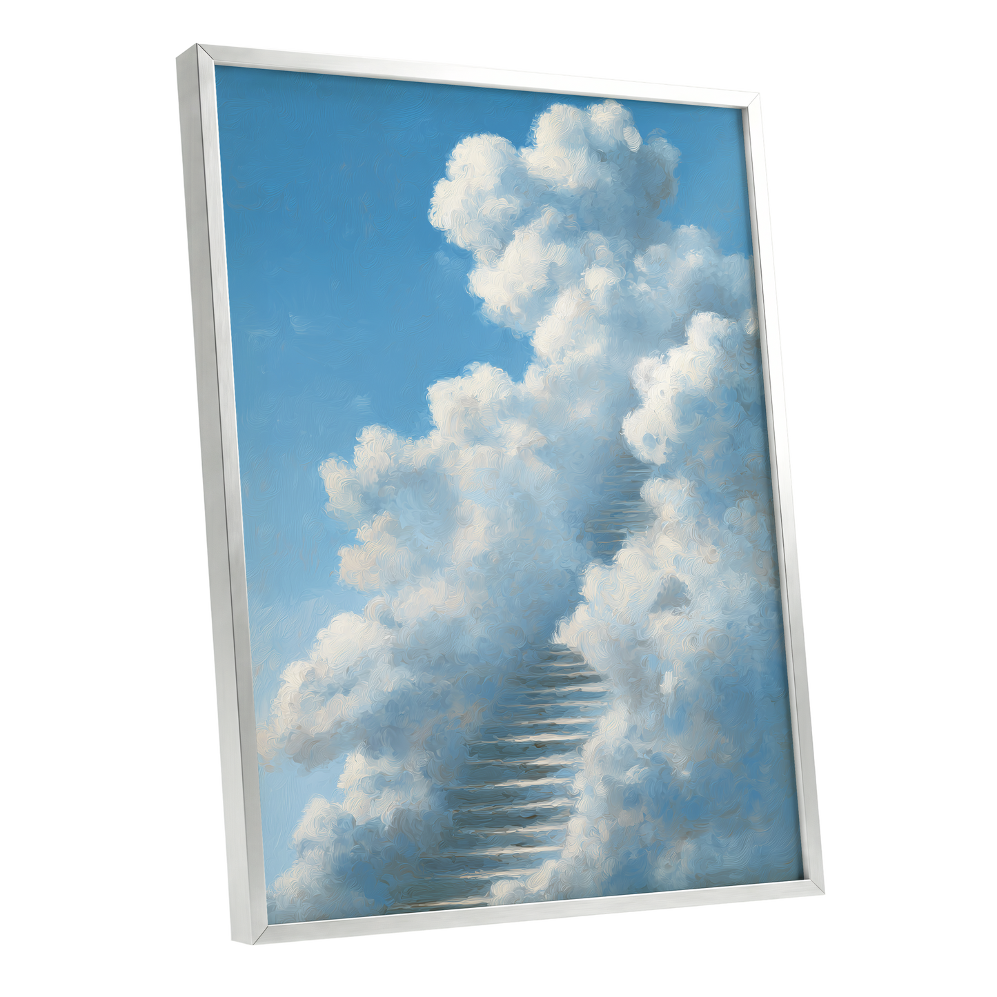 Cloudborne Passage, blue, white, gray nature wall art shown as a silver framed poster wall art print