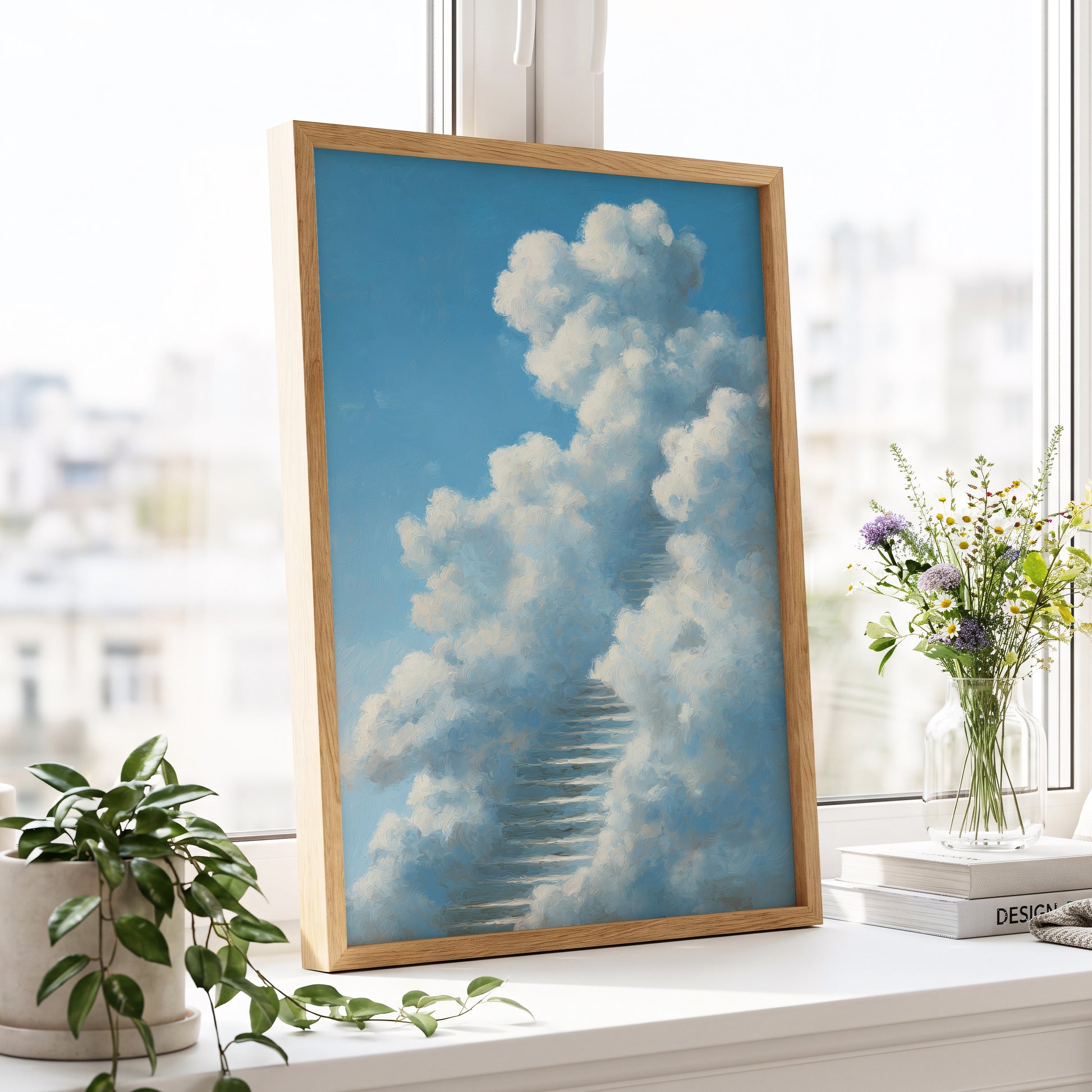 Cloudborne Passage, blue, white, gray nature wall art displayed in a styled interior, gallery view 2
