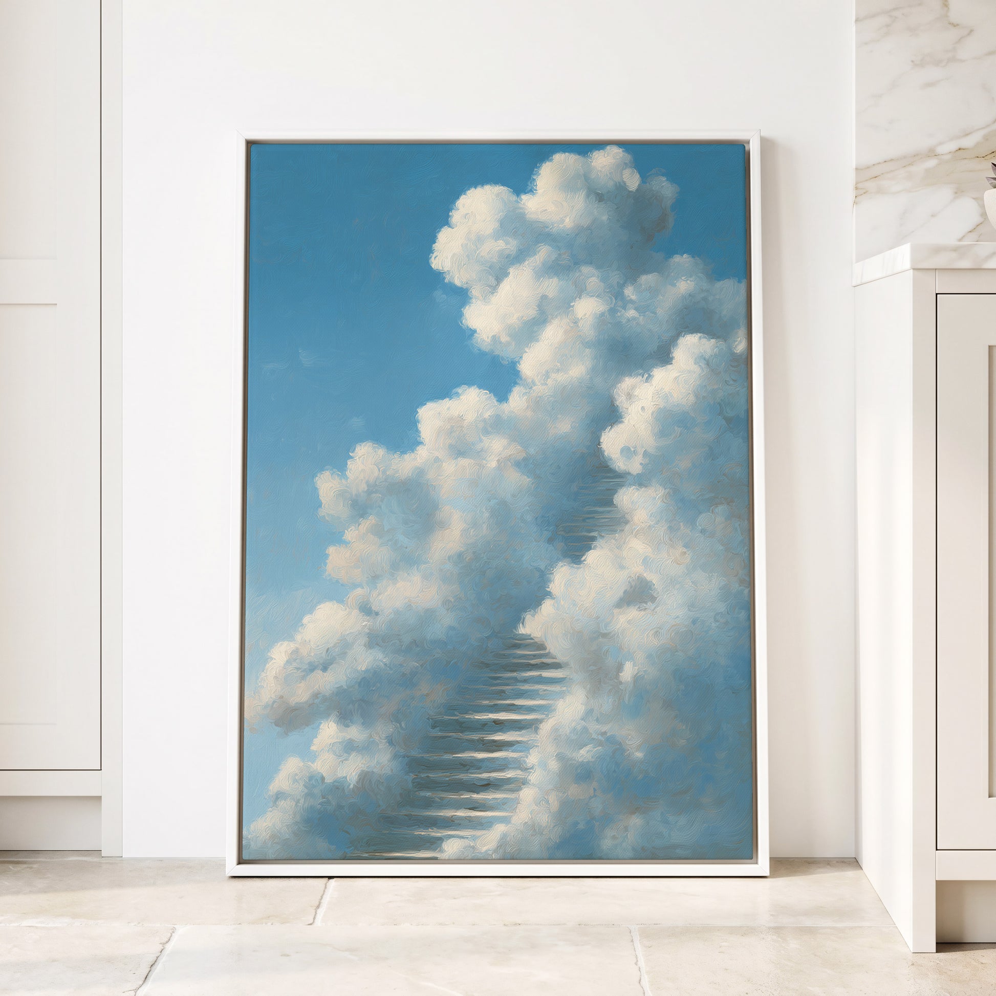 Cloudborne Passage, blue, white, gray nature wall art displayed in a styled interior, gallery view 4