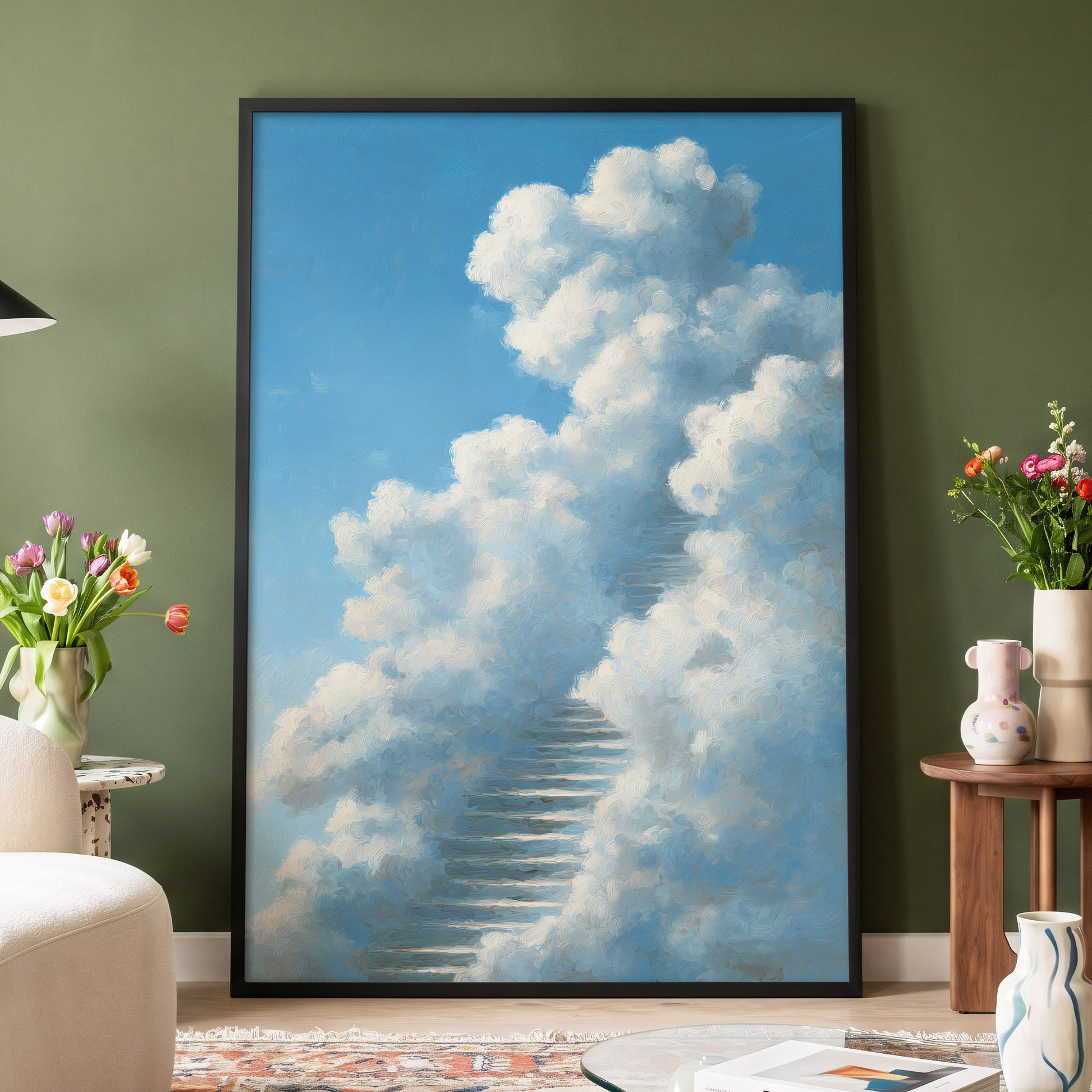 Cloudborne Passage, blue, white, gray nature wall art displayed in a styled interior, gallery view 6