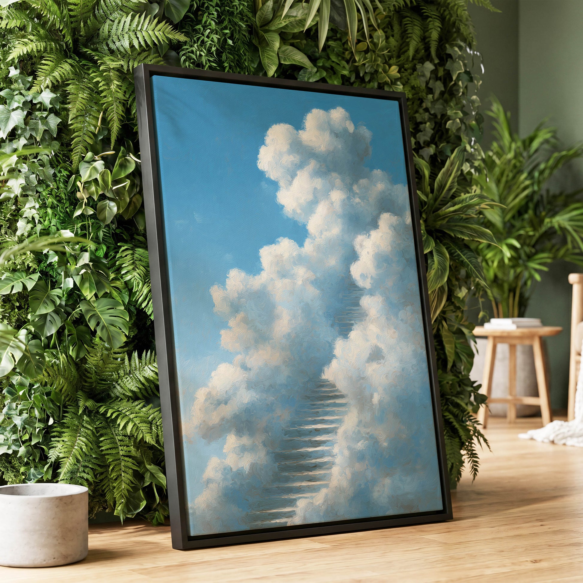 Cloudborne Passage, blue, white, gray nature wall art displayed in a styled interior, gallery view 8