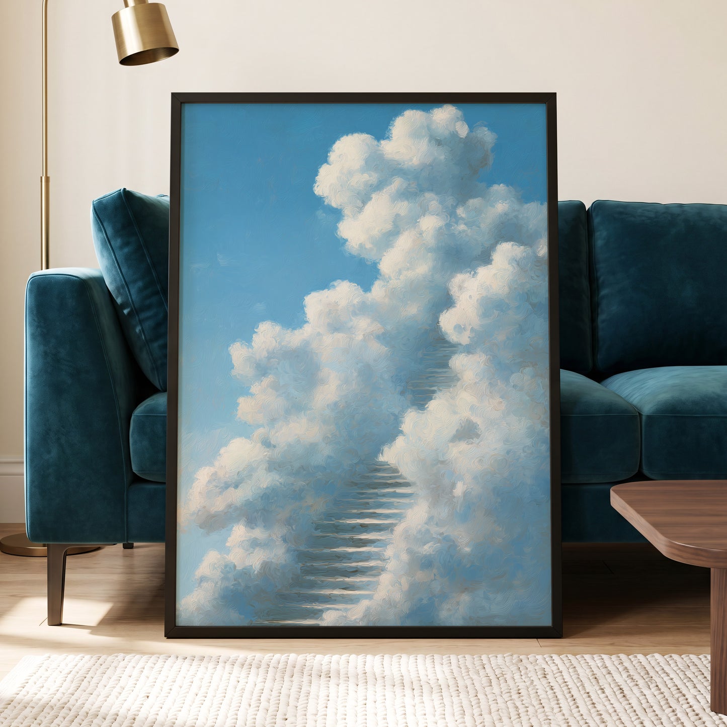 Cloudborne Passage, blue, white, gray nature wall art displayed in a styled interior, gallery view 9