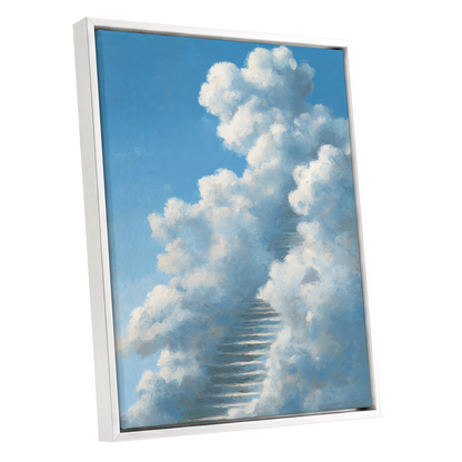 Cloudborne Passage, blue, white, gray nature wall art shown as a white framed canvas wall art