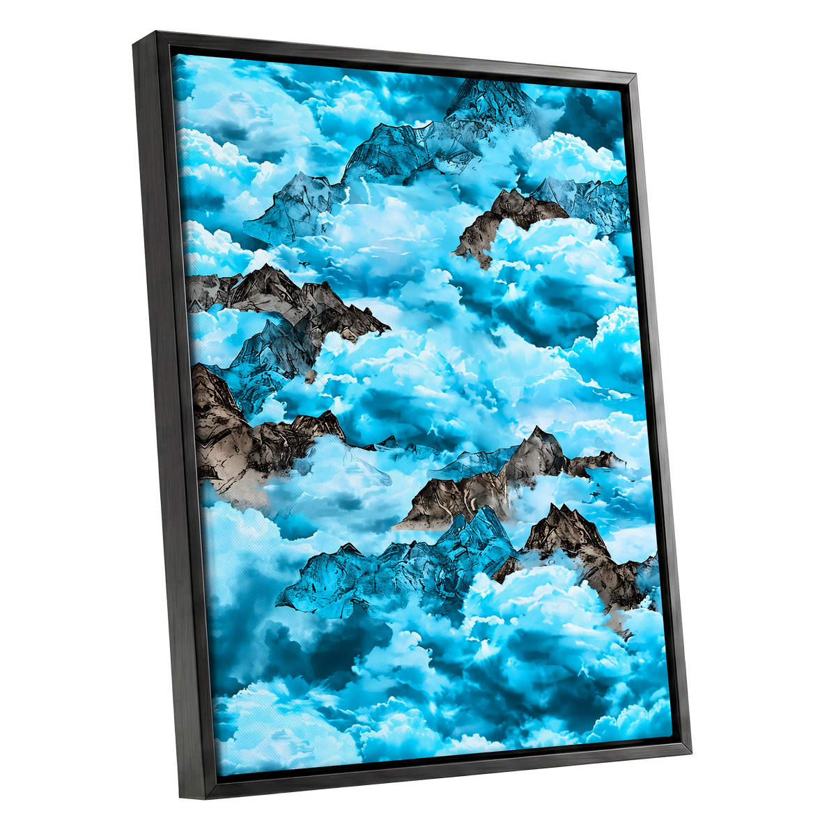 Cloudbound Peaks, blue, white, black nature wall art shown as a black framed canvas wall art