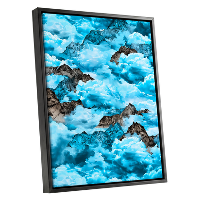 Cloudbound Peaks, blue, white, black nature wall art shown as a black framed canvas wall art
