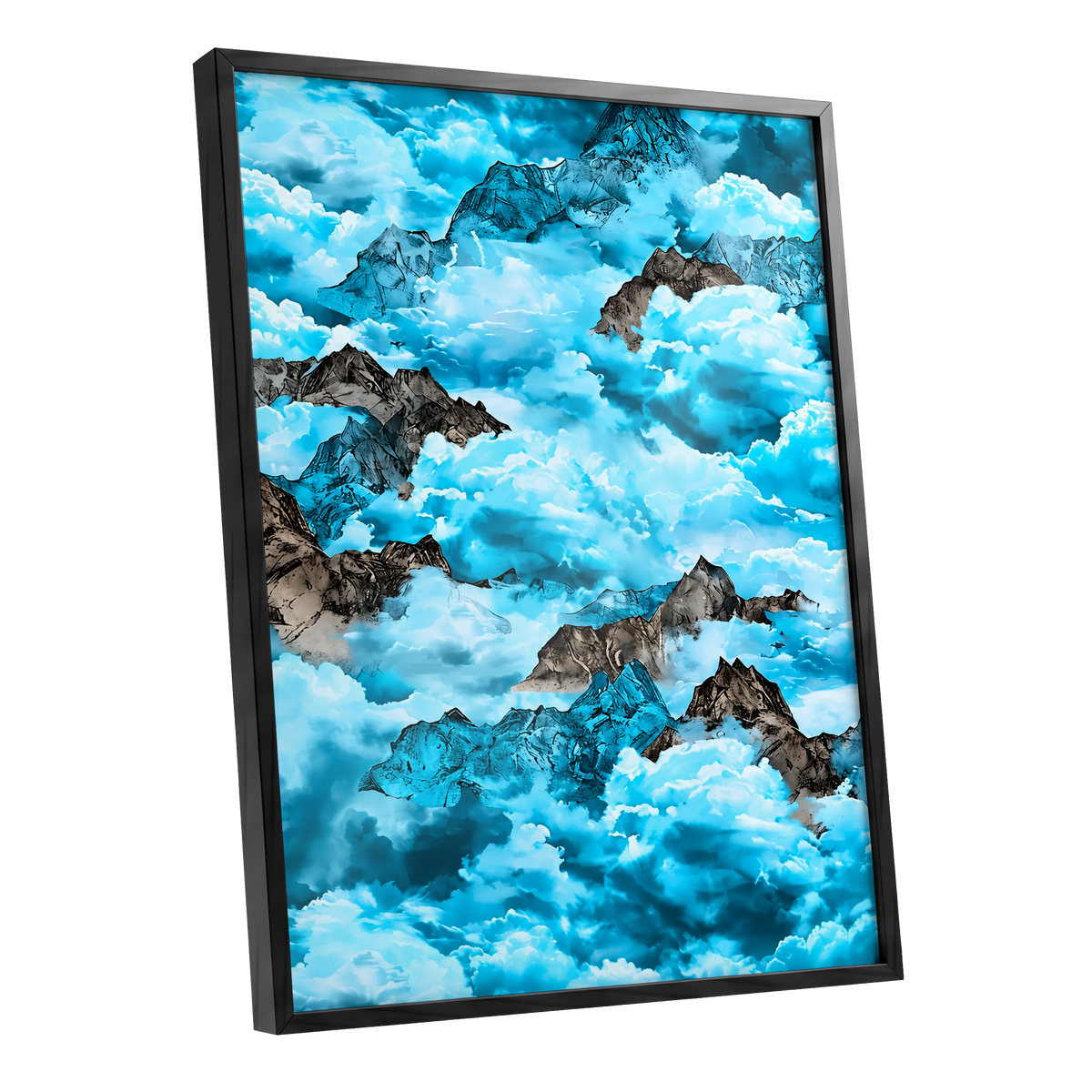 Cloudbound Peaks, blue, white, black nature wall art shown as a black framed poster wall art print