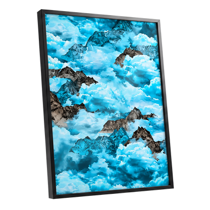 Cloudbound Peaks, blue, white, black nature wall art shown as a black framed poster wall art print