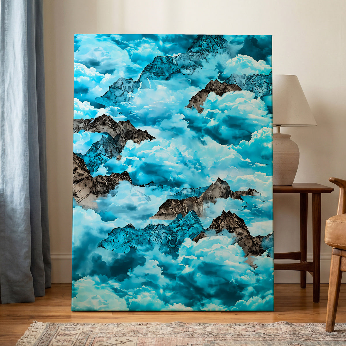 Cloudbound Peaks, blue, white, black nature wall art on canvas displayed in a styled interior, gallery view 1