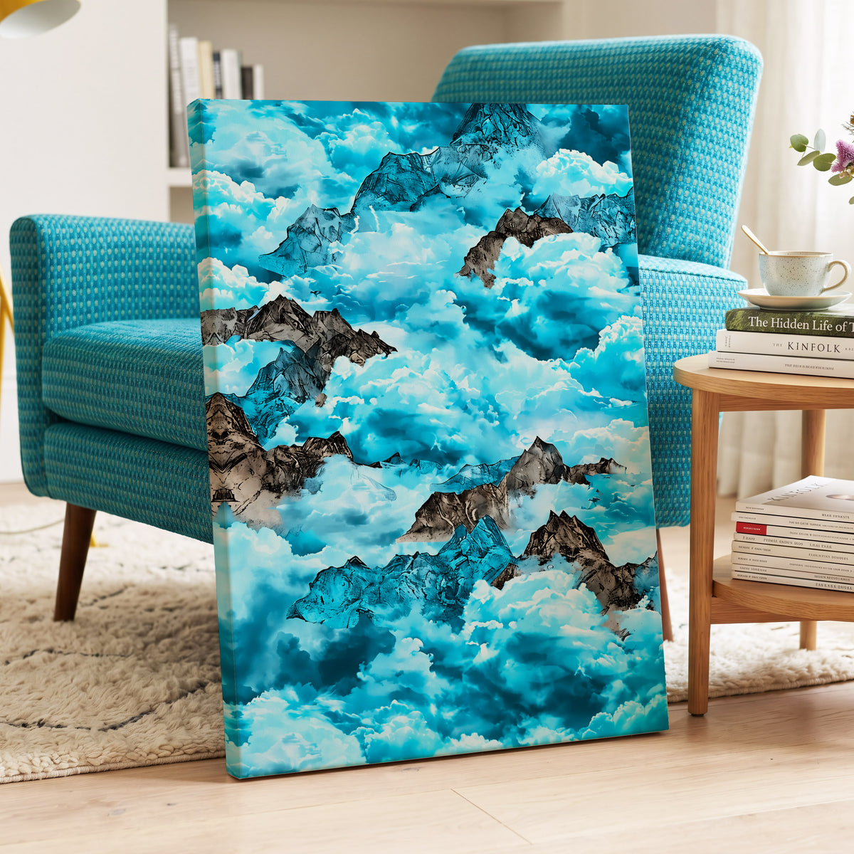 Cloudbound Peaks, blue, white, black nature wall art on canvas displayed in a styled interior, gallery view 2