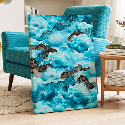 Cloudbound Peaks, blue, white, black nature wall art on canvas displayed in a styled interior, gallery view 2