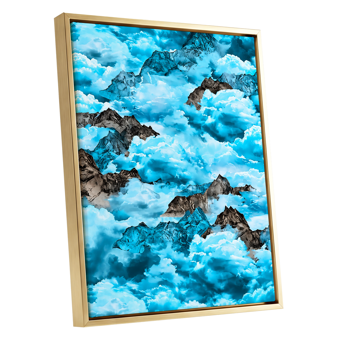 Cloudbound Peaks, blue, white, black nature wall art shown as a gold framed canvas wall art