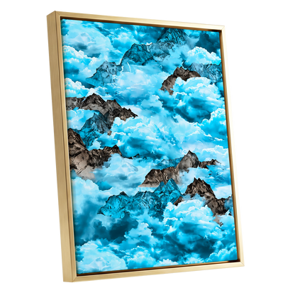 Cloudbound Peaks, blue, white, black nature wall art shown as a gold framed canvas wall art