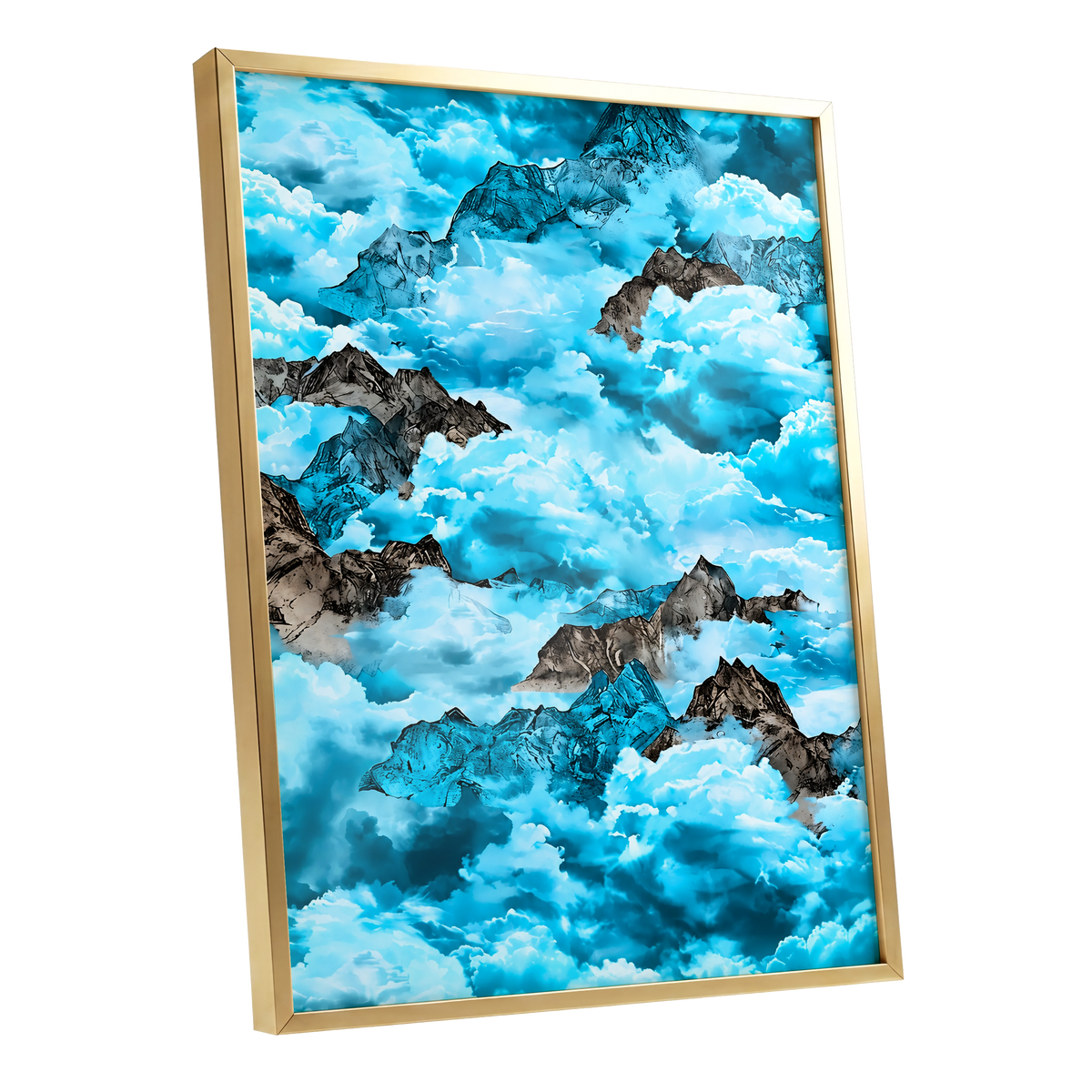Cloudbound Peaks, blue, white, black nature wall art shown as a gold framed poster wall art print