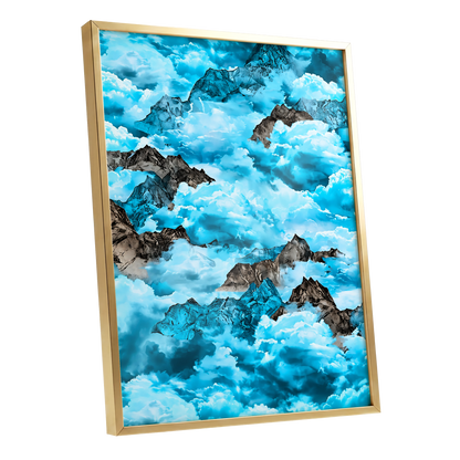 Cloudbound Peaks, blue, white, black nature wall art shown as a gold framed poster wall art print