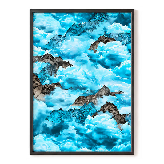 Cloudbound Peaks, blue, white, black nature wall art, front artwork view