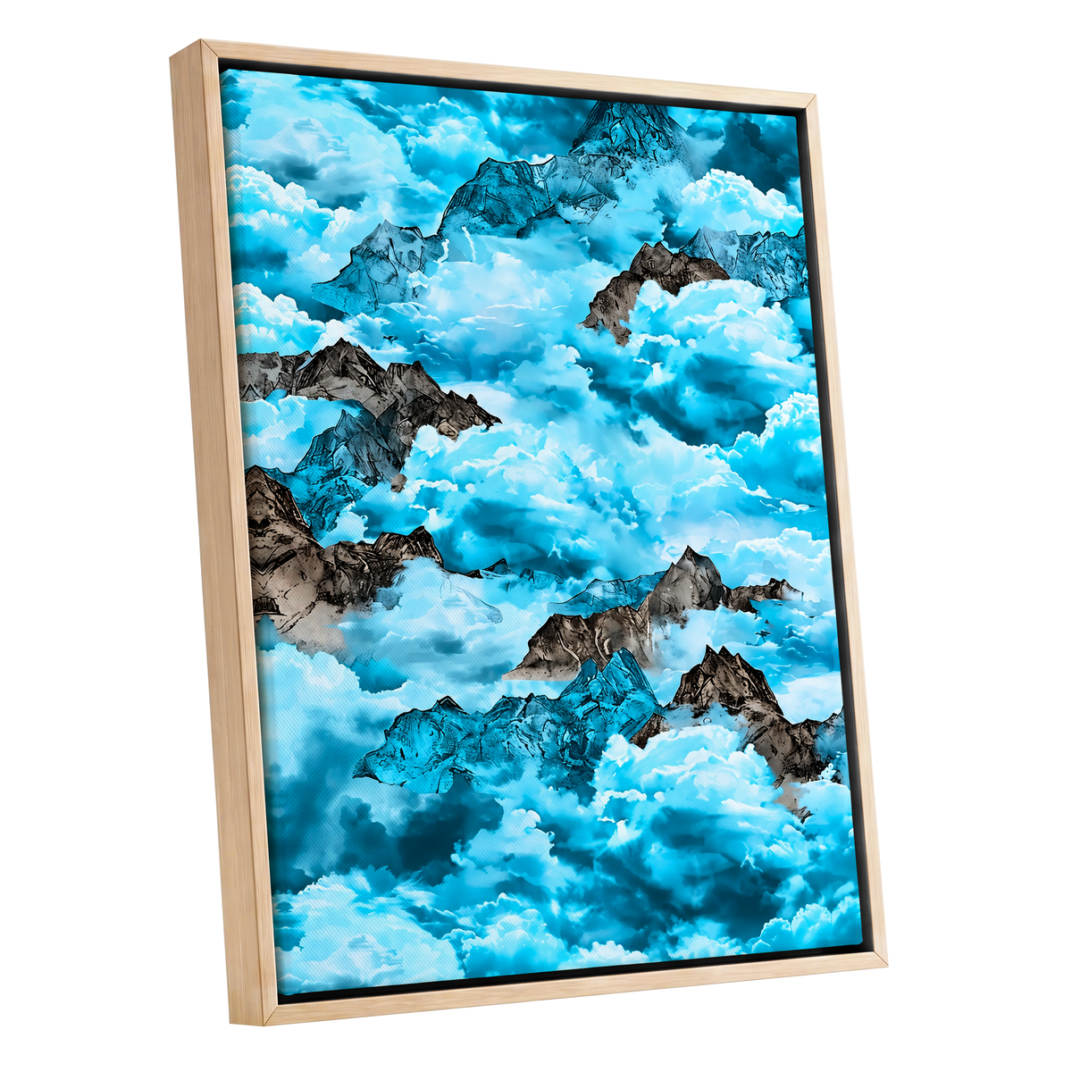 Cloudbound Peaks, blue, white, black nature wall art shown as a oak framed canvas wall art