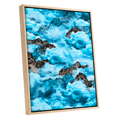 Cloudbound Peaks, blue, white, black nature wall art shown as a oak framed canvas wall art