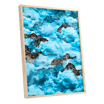 Cloudbound Peaks, blue, white, black nature wall art shown as a oak framed poster wall art print