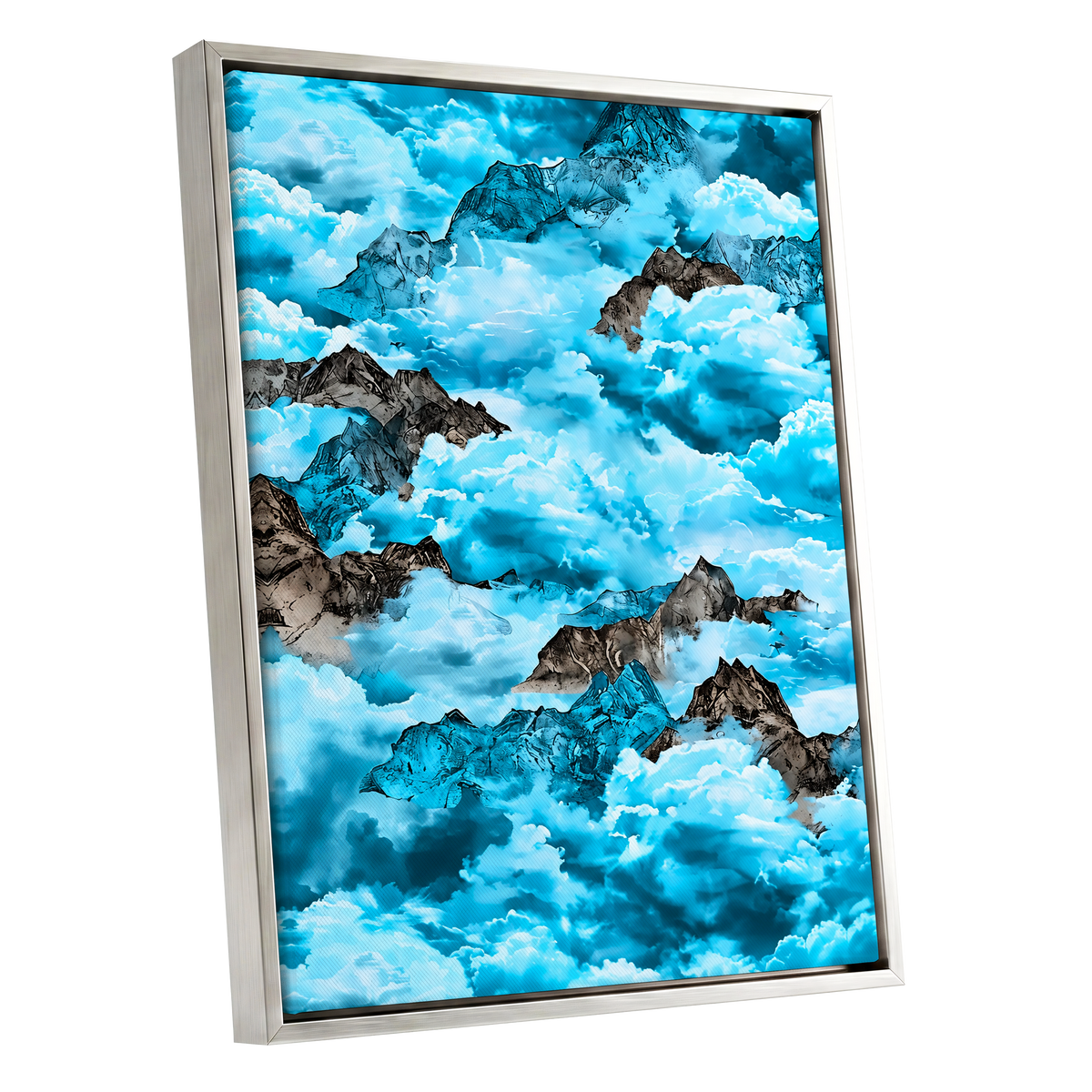 Cloudbound Peaks, blue, white, black nature wall art shown as a silver framed canvas wall art