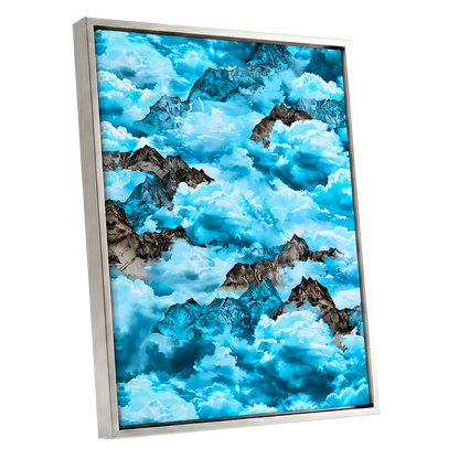 Cloudbound Peaks, blue, white, black nature wall art shown as a silver framed canvas wall art