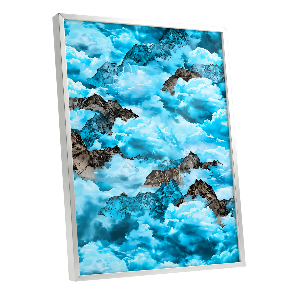 Cloudbound Peaks, blue, white, black nature wall art shown as a silver framed poster wall art print