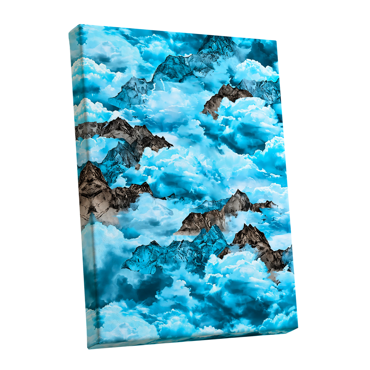 Cloudbound Peaks, blue, white, black nature wall art shown as a stretched canvas wall art