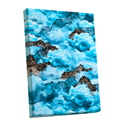 Cloudbound Peaks, blue, white, black nature wall art shown as a stretched canvas wall art