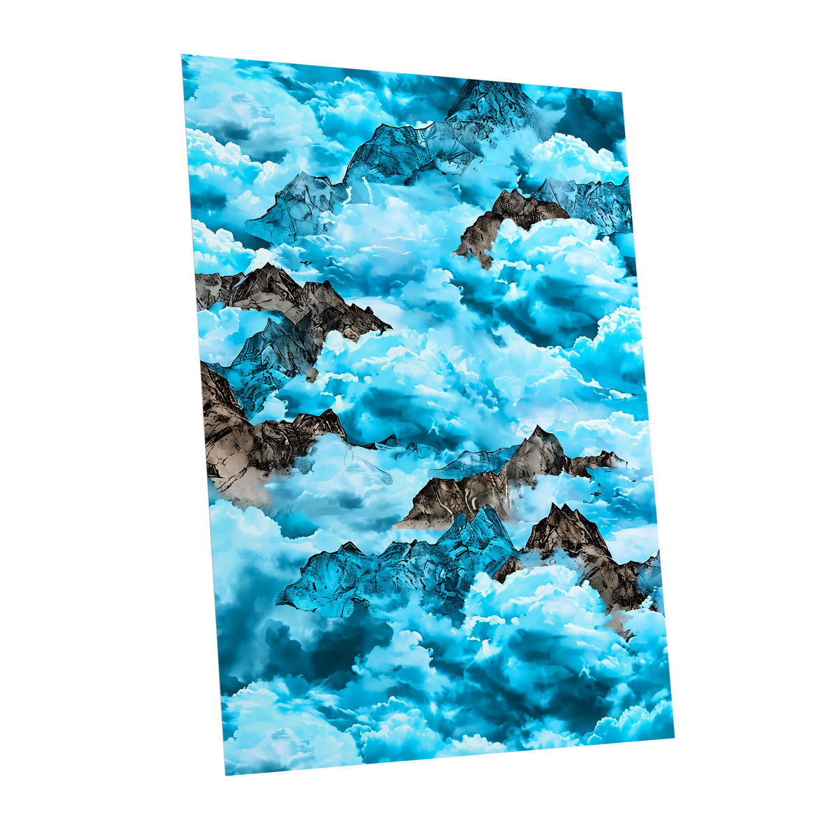 Cloudbound Peaks, blue, white, black nature wall art shown as a unframed poster wall art print