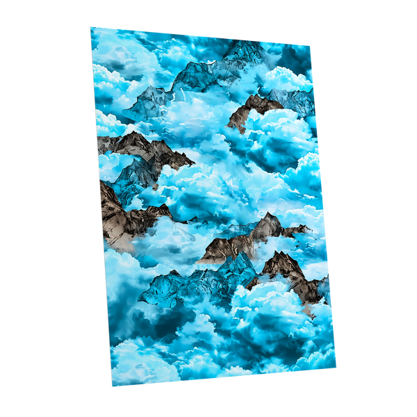 Cloudbound Peaks, blue, white, black nature wall art shown as a unframed poster wall art print