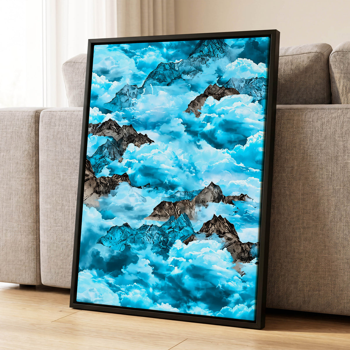 Cloudbound Peaks, blue, white, black nature wall art displayed in a styled interior, gallery view 1