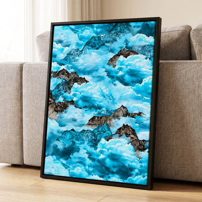 Cloudbound Peaks, blue, white, black nature wall art displayed in a styled interior, gallery view 1