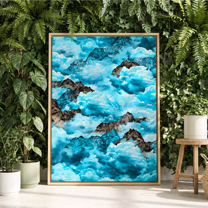 Cloudbound Peaks, blue, white, black nature wall art displayed in a styled interior, gallery view 2
