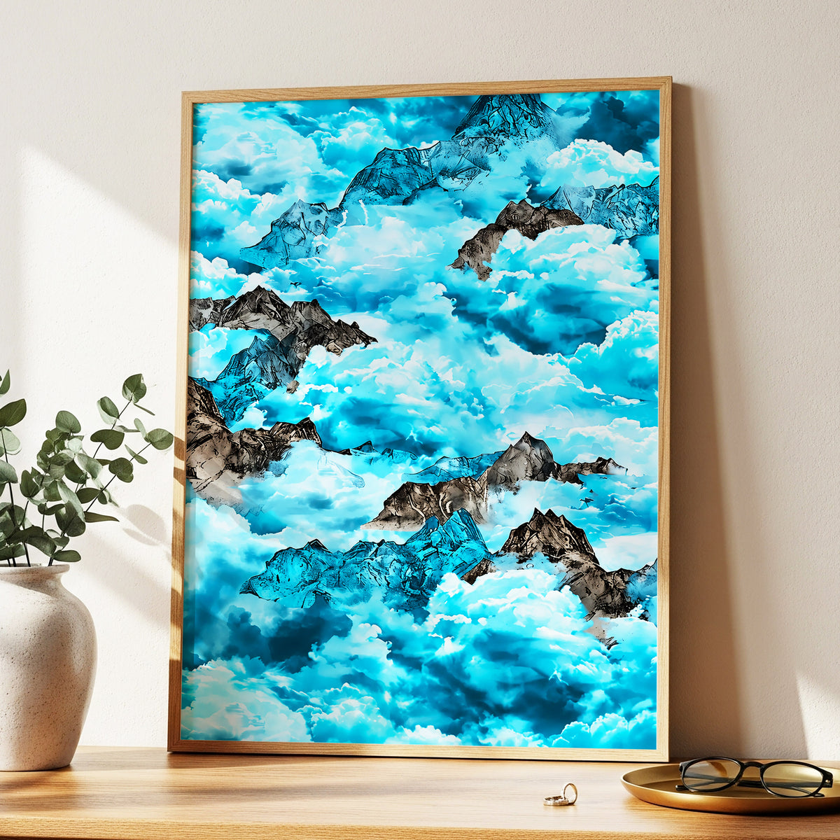 Cloudbound Peaks, blue, white, black nature wall art displayed in a styled interior, gallery view 3